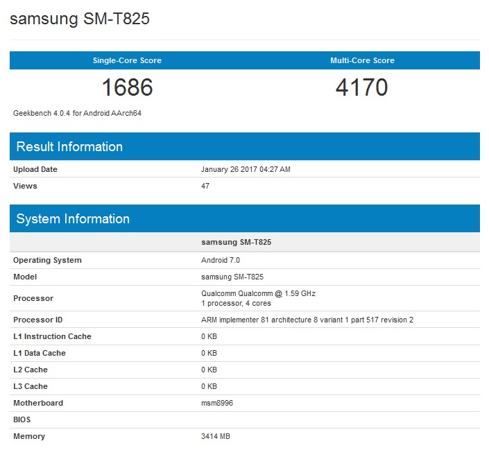 Samsung Galaxy Tab S3 Geekbench