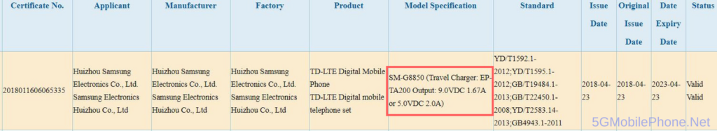 Samsung Galaxy A8 Star certification listing
