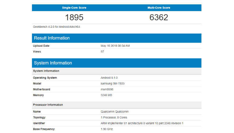 Samsung Galaxy Tab S4 Geekbench listing